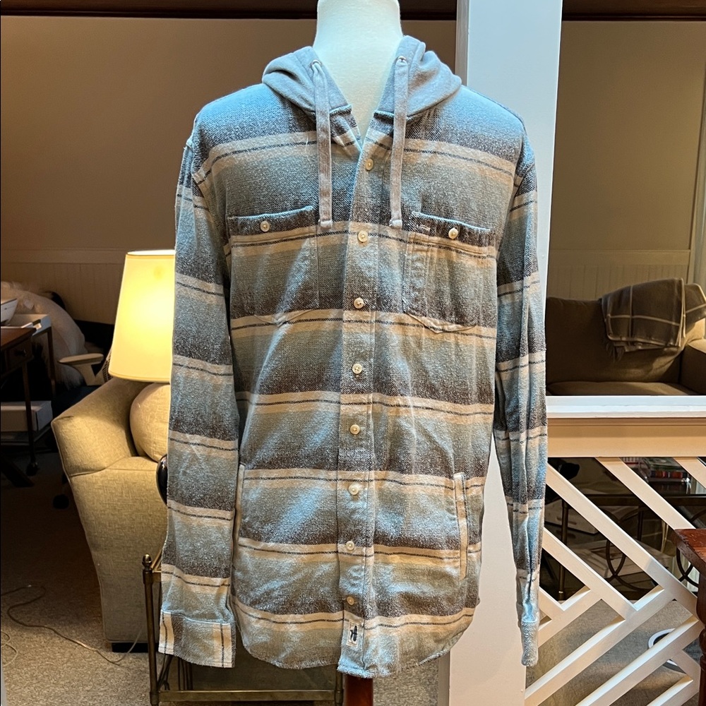 johnnie-O Blue and grey and off white Striped Hooded Jacket.